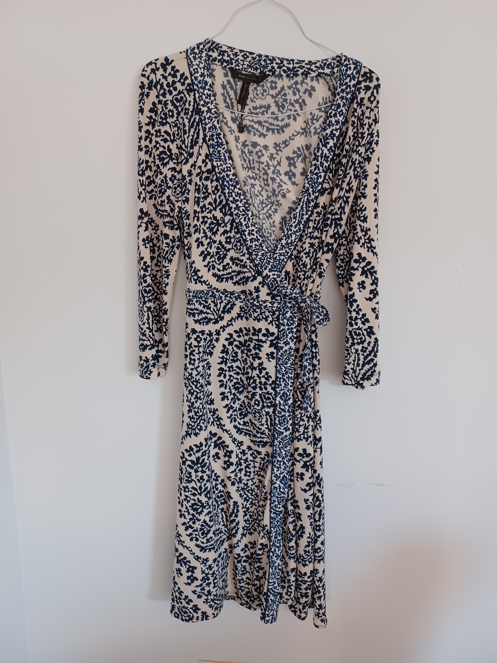 Cream and Navy Printed Wrap Midi Dress with Tie Waist